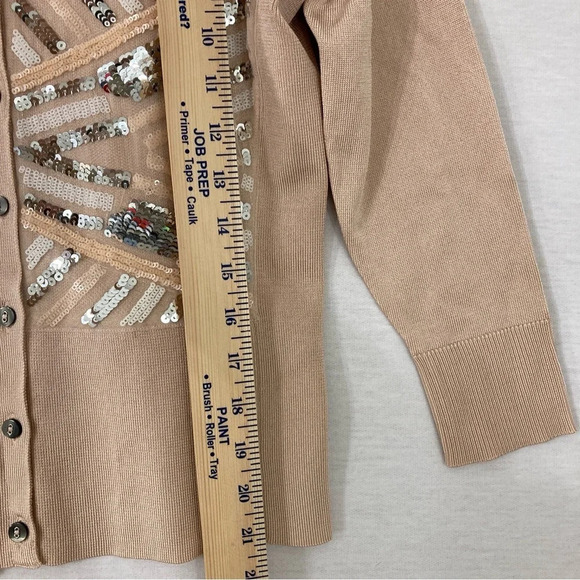 Cache Beige/Light Pink Sequins Stretch Knit Button Cardigan size Small - Picture 5 of 8